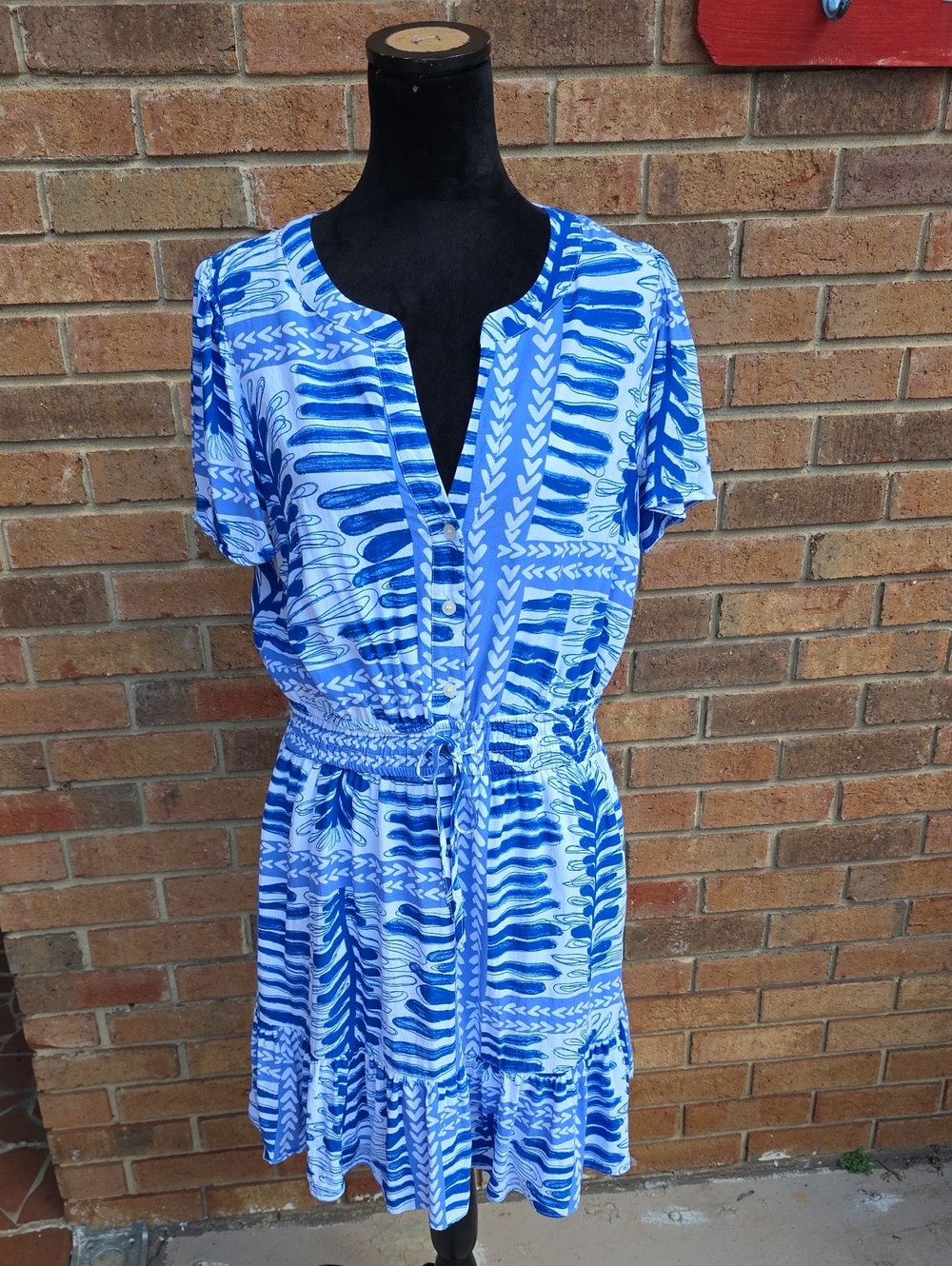 LOFT Blue and White Abstract Print Tie-Waist Mini Dress Size Large